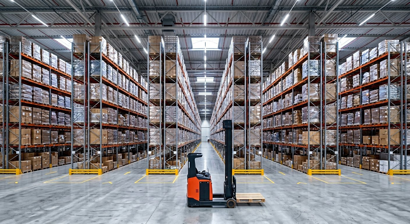 Interior of a large distribution centre showing tall pallet racking and an electric forklift