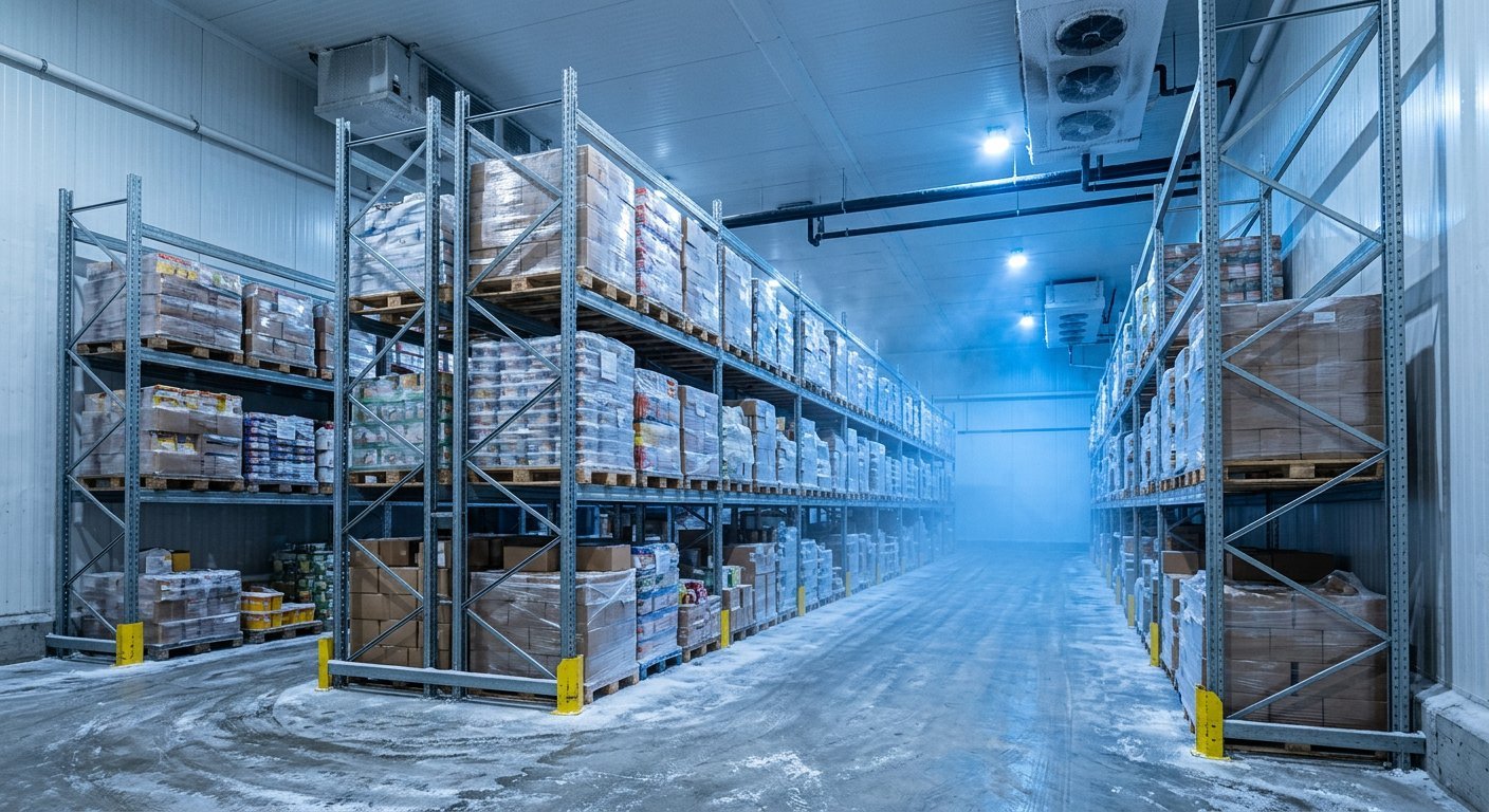 Chilled temperature-controlled cold-room storage with insulated panels and pallet racking